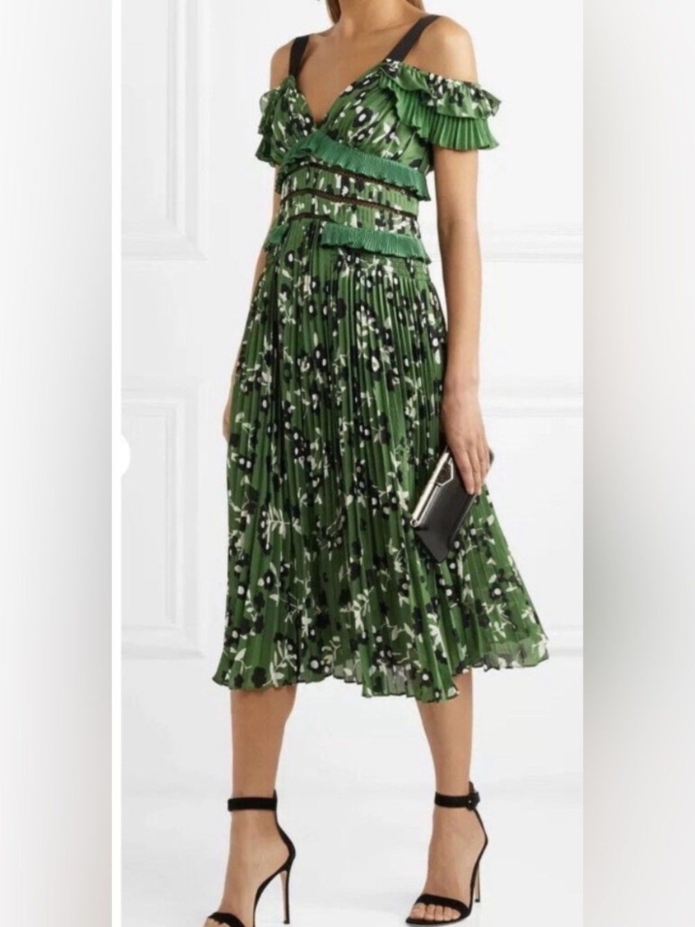 Self-Portrait Green Floral Ruffle-Shoulder Pleated Midi Dress